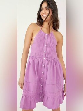 Free People Desert Days Mini Dress M Orchid Pink Halter Open Back Boho Cotton